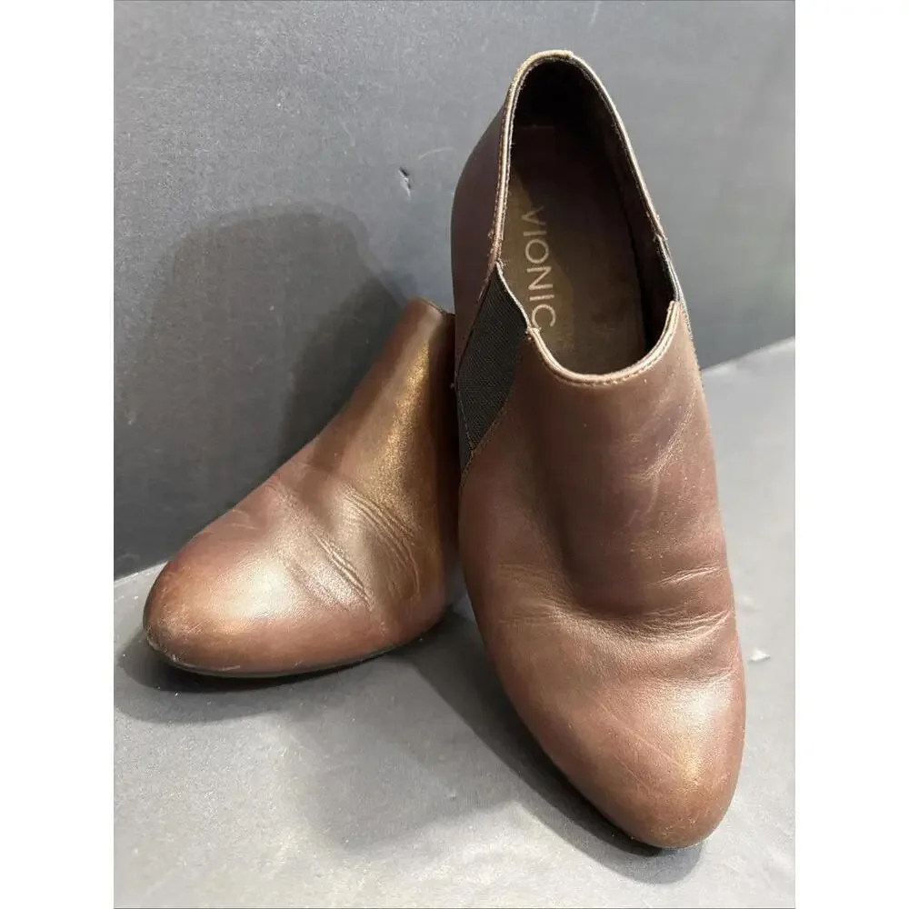 Vionic Stanton Wedge‎ Heel Career Bootie Ankle Boots Brown Leather Slip-On 7